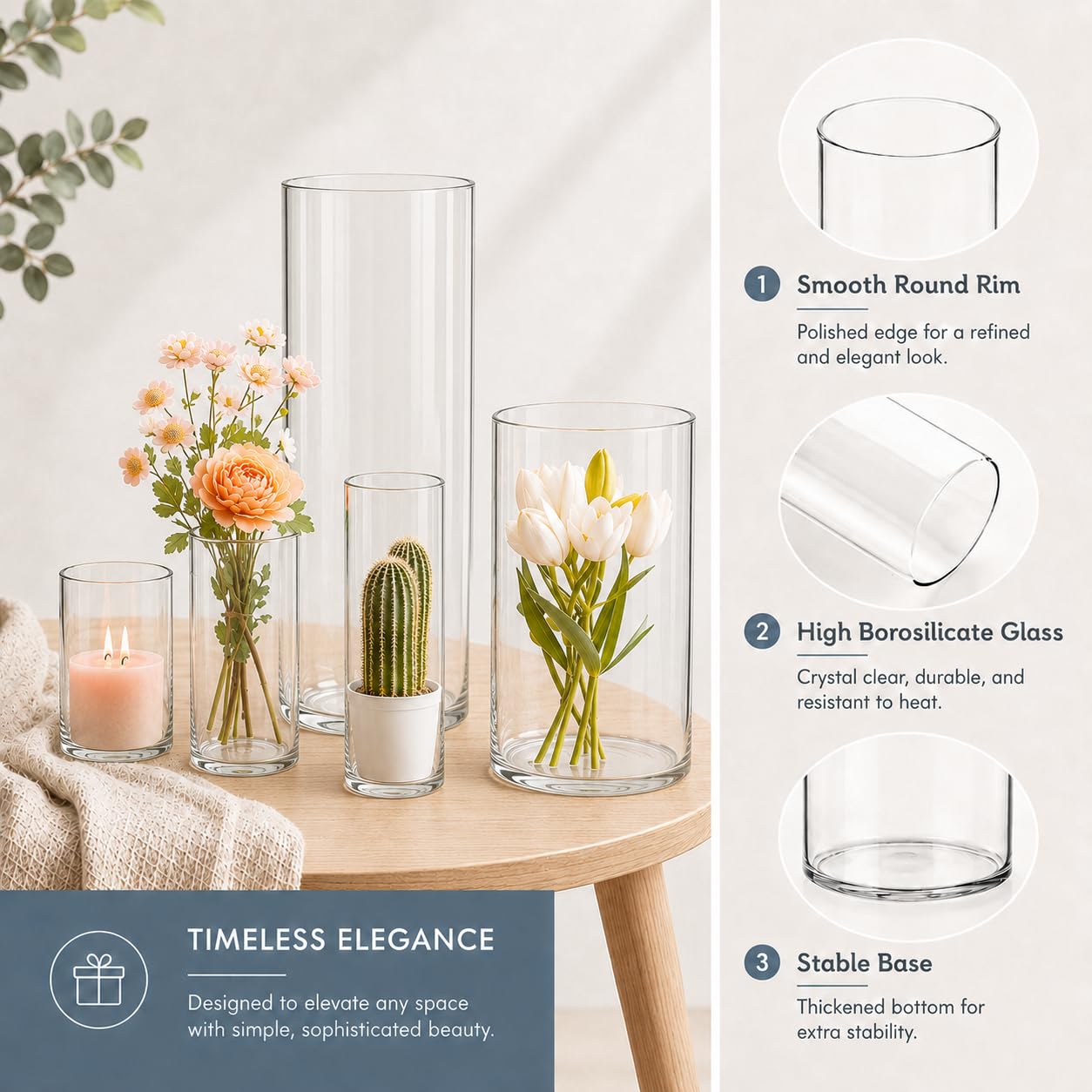 5pcs Glass Vase Cylinder Vases for Centerpieces Small Flower Glass Vases Home Decor Centerpiece Table Clear Flower Vase Decorations for Wedding＆Holiday 4,6,7.5,8,10 Inch Tall