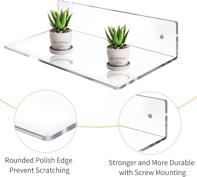Jansburg 12 Inch L-Shaped Acrylic Floating Shelf Wall Mounted Shelves Invisible