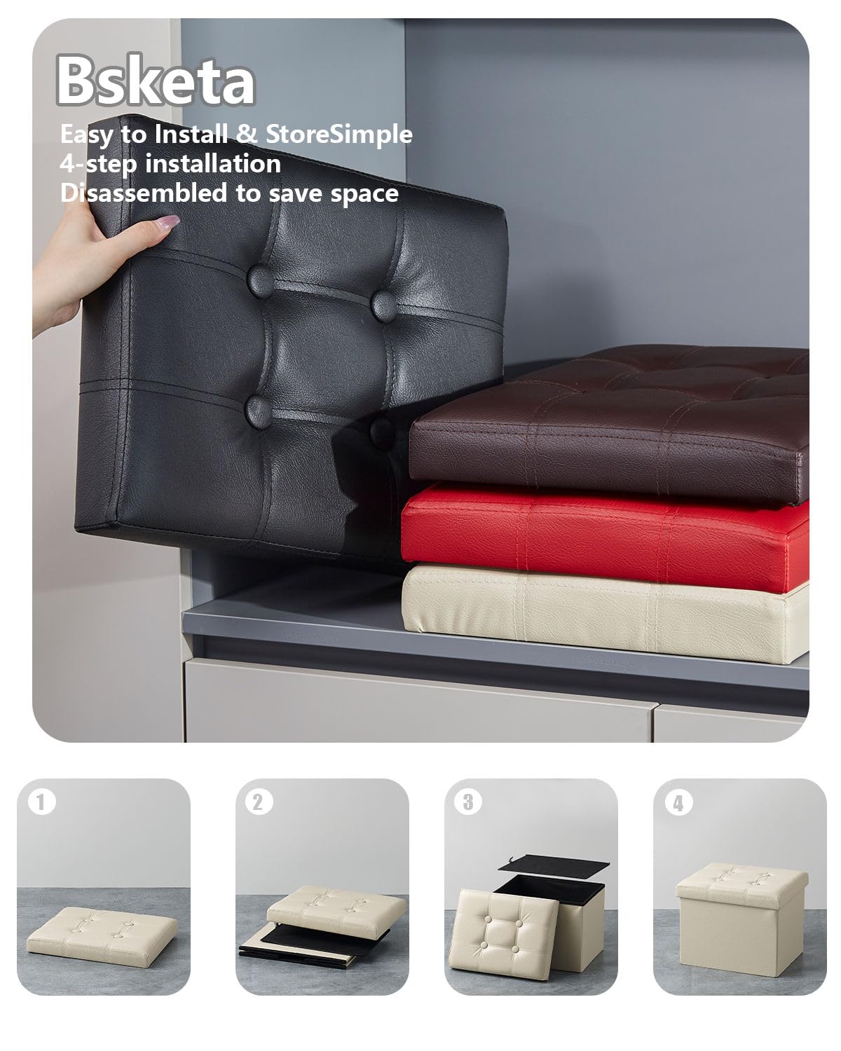 Bsketa Storage Ottoman, Folding Foot Stool with Thicker Foam Padded Seat Small Leather Storage Ottoman Bench Foot Rest for Living Room Foldable Coffee Table 17x13x13in,Beige