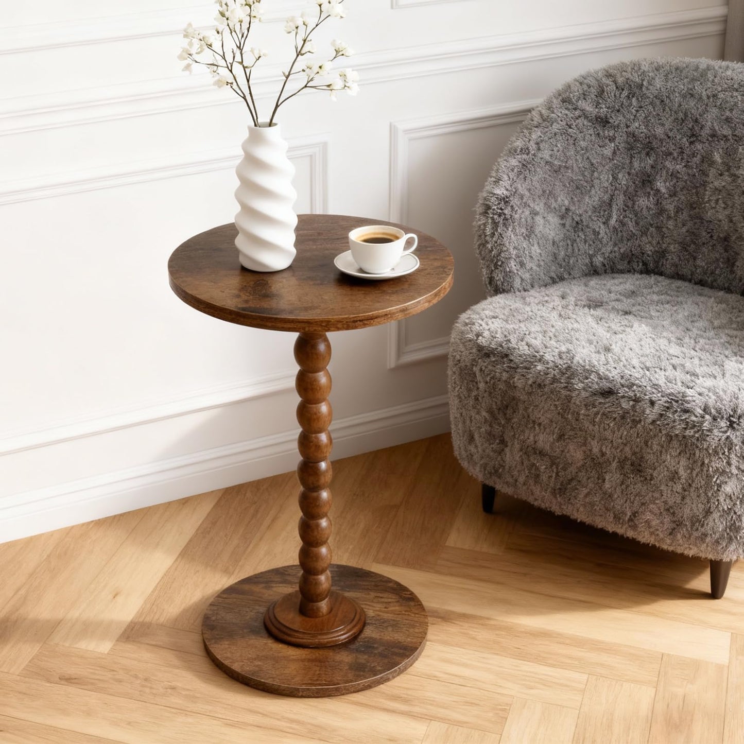 FIAHOSEY Small Walnut Drink Table - 22.56" Tall Vintage Bobbin End Table for Small Spaces, Dark Wood Pedestal Accent Table for Living Room, Classic Martini Table