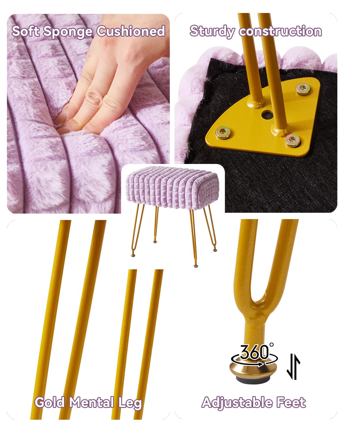 IBUYKE Rectangular Footrest Stool Ottoman, Makeup Vanity Stool Side Table, Velvet Dressing Table Seat, Footstool Chair, Golden Steel Legs, for Makeup Room, Bedroom, Square grid pattern, Purple WBD003V