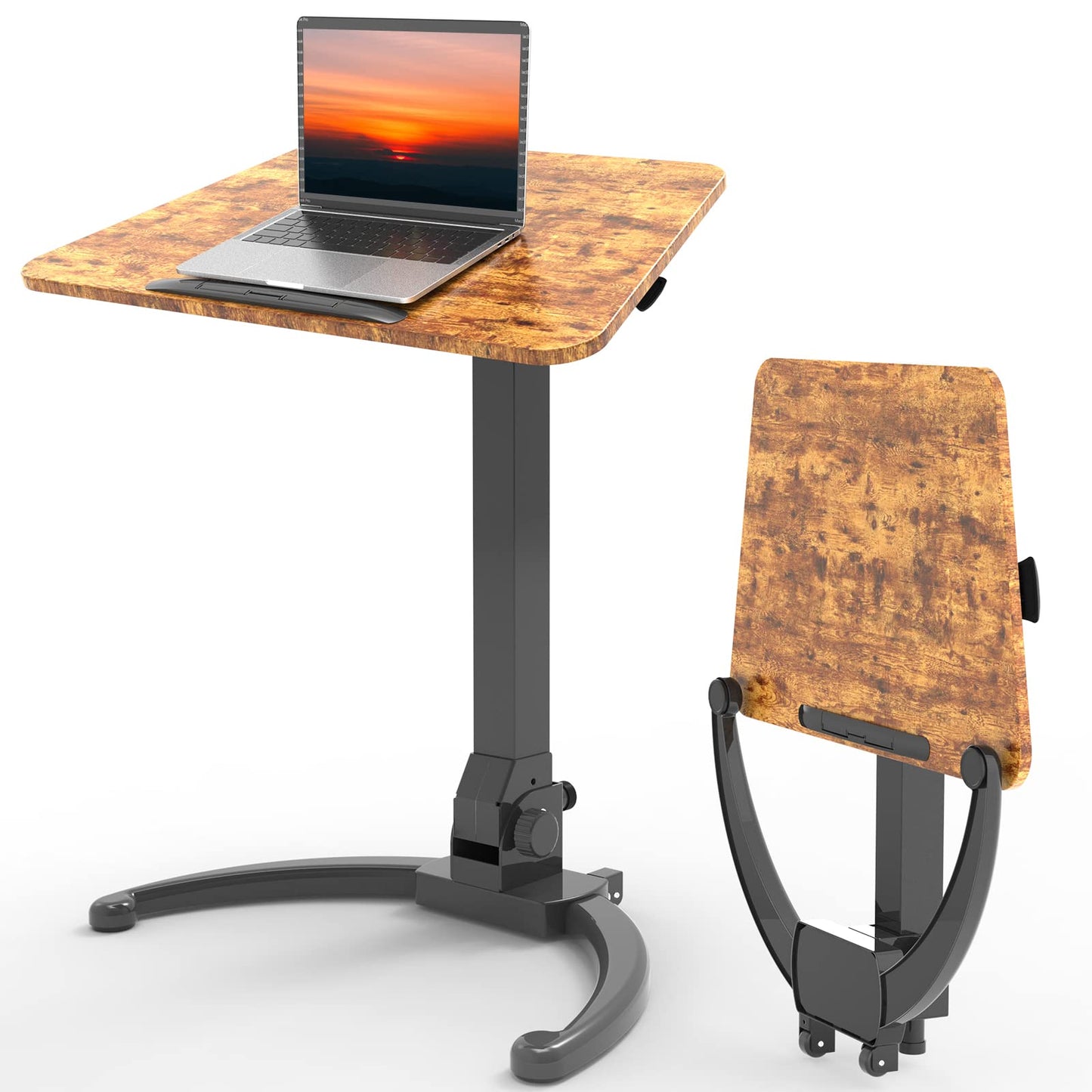 JOY worker Foldable Mobile Standing Desk, Pneumatic Height Adjustable Sit Stand Desk, 90° Tiltable Rolling Laptop Table, Portable Workstation with Non-Slip Mat for Home Office, Holds Up to 22lbs