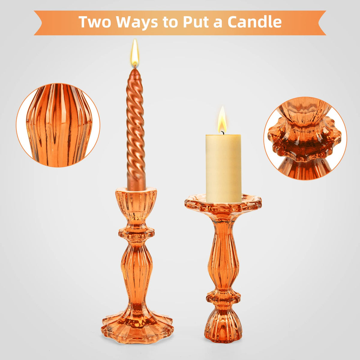 Glass Candle Holders, 2PCS Pillar Candle Holders Decorative Candlestick Holders Table Centerpieces Valentines Wedding Home Decor, Orange