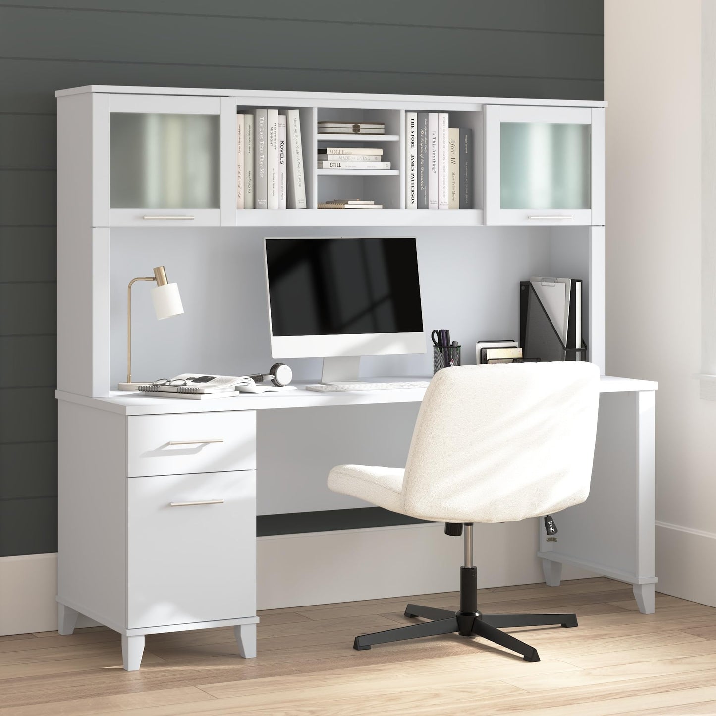 Bush Home 72-Inch Office Desk with Drawers and Hutch, Computer Desk with File and Box Drawers, Shelves and Storage Cabinet, Home Office Workstation, Somerset Collection, White
