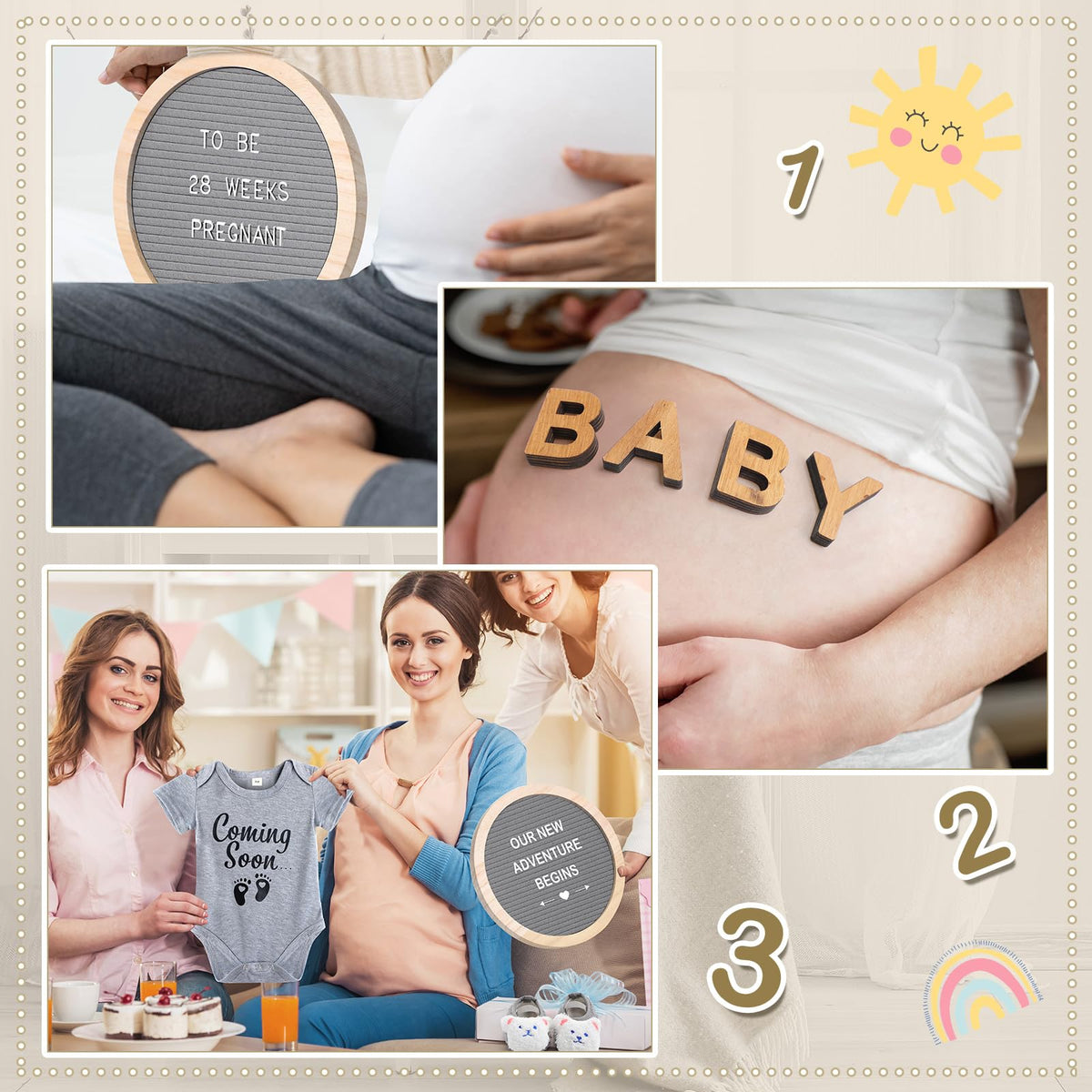 Canlierr 8 Pcs Pregnancy Announcement Set Pregnancy Reveal Ideas Include Felt Letter Round Board Kit Baby Bodysuit Booties Wood Blocks Wooden Signs for Coming Soon Baby Announcement(Gray)