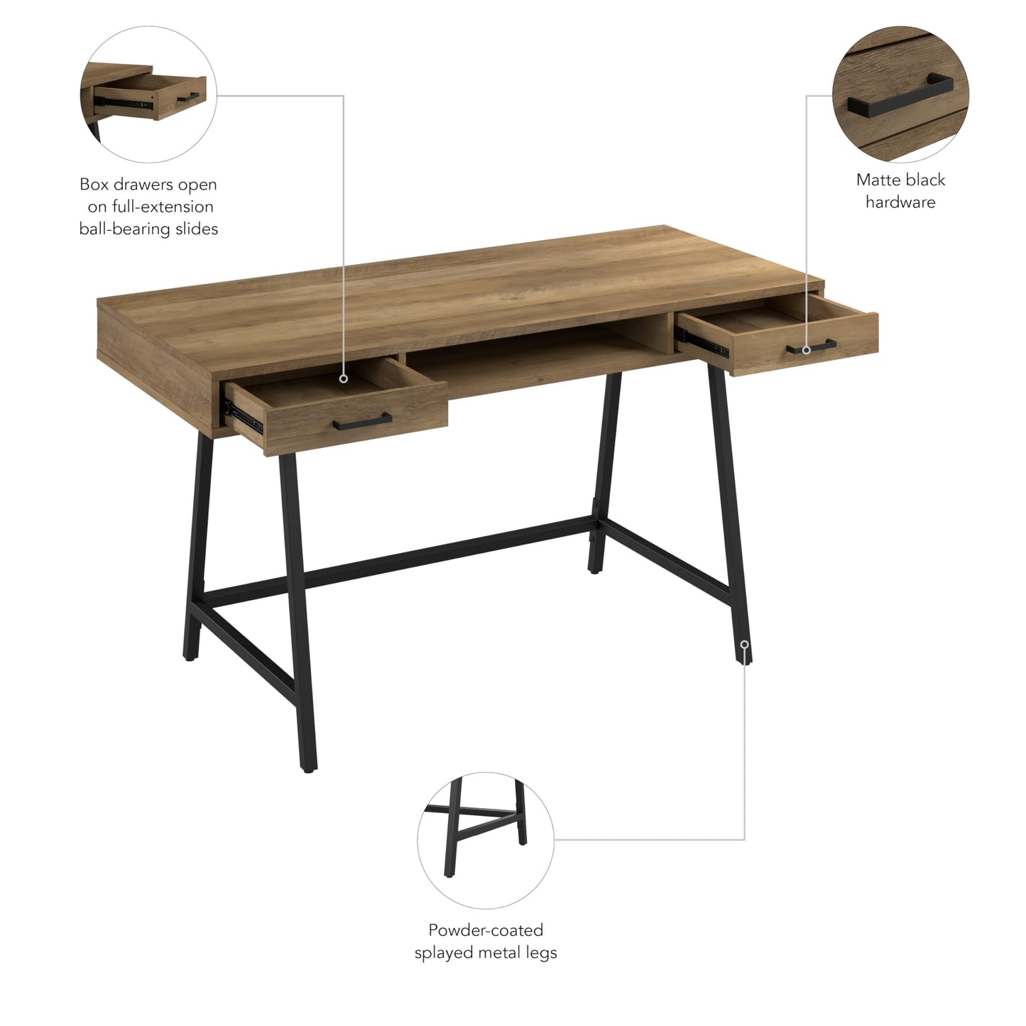 Bush Home Steele 54W Writing Desk with Storage in Reclaimed Pine | Large Wooden Computer Table for Home Office Workspace