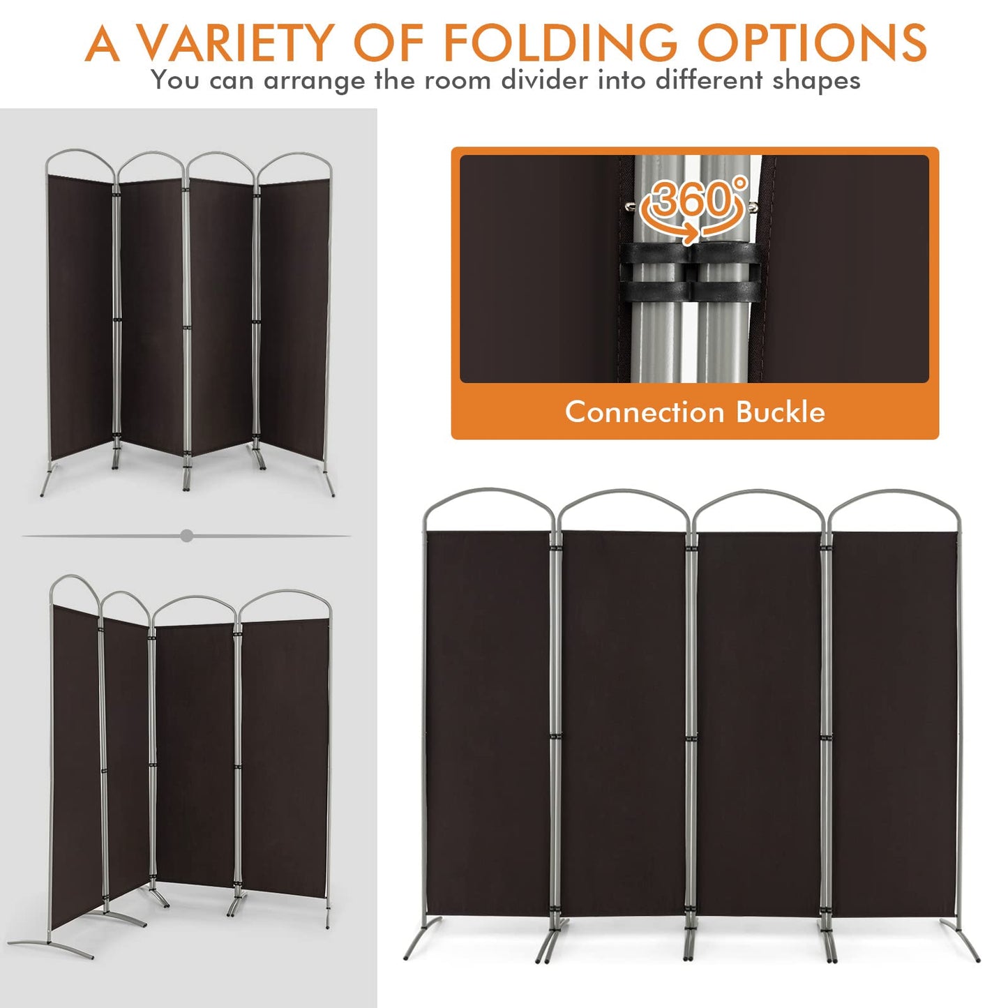 Giantex 6.2Ft Folding 4-Panel Room Divider Brown- 87" Wide Freestanding Foldable Fabric Privacy Screen, Lightweight Portable Partition Wall Divider and Separator for Home Office, Apartment, Studio