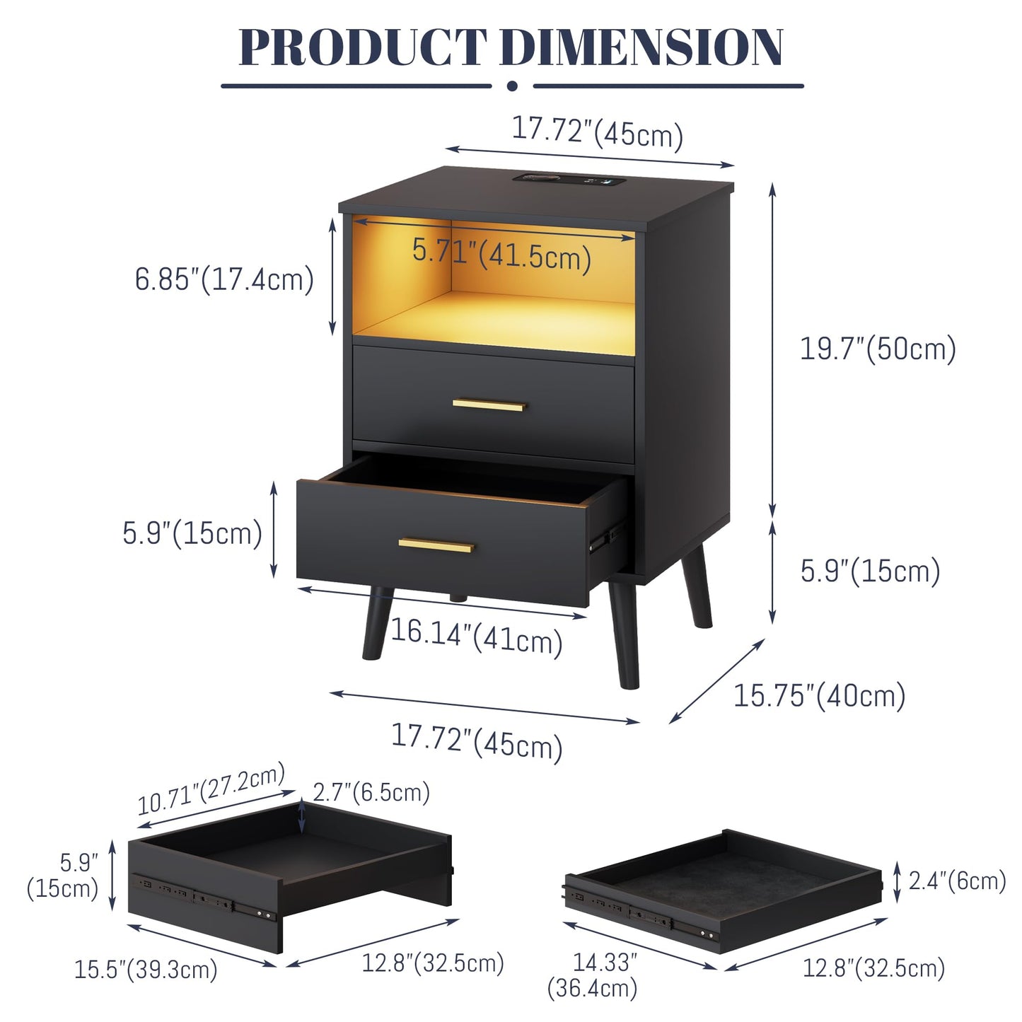 LVSOMT Black Bedroom Nightstand with Charging Station and LED Lights, Modern Bedside Table with Hidded Drawer, Smart Night Stand with Open Storage Shelf, USB Port, Metal Legs