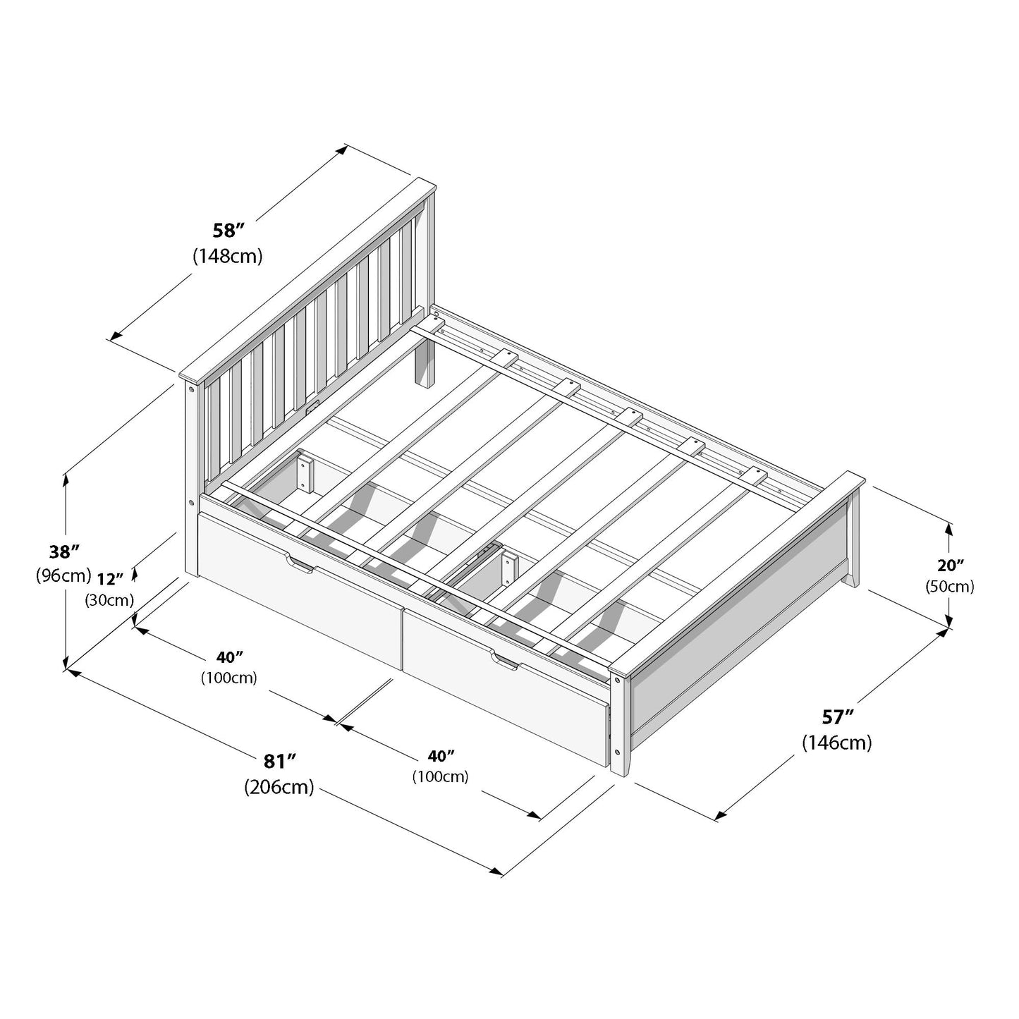 Max & Lily Classic Full Bed, Slatted Headboard, with Storage Drawers, Natural