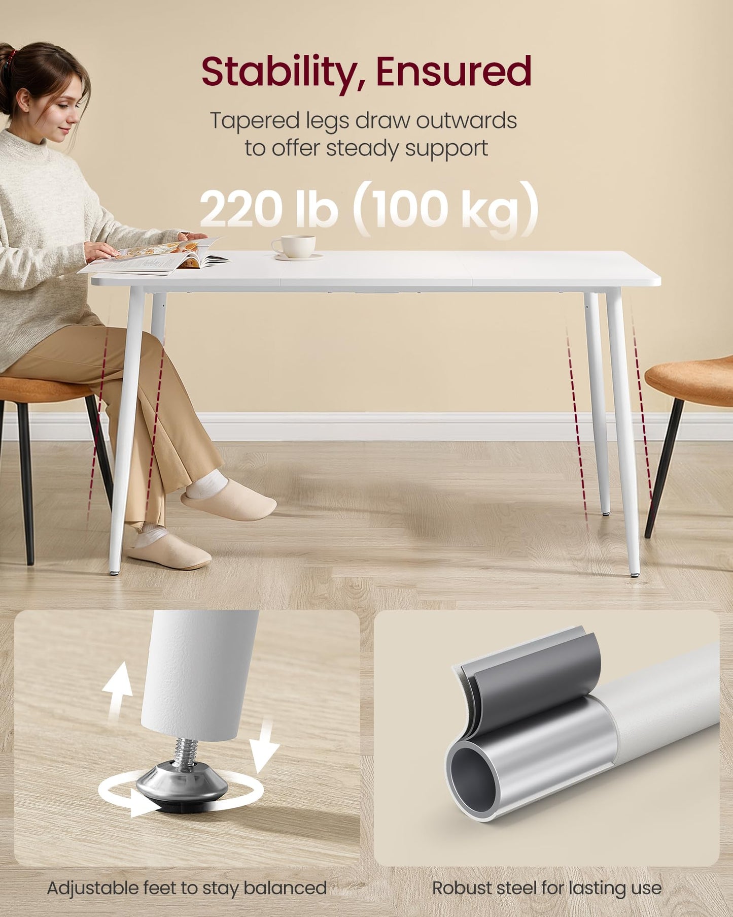 VASAGLE 55.1" Dining Table for 4-6 People, Modern Kitchen Table, Heat-Resistant Tabletop, Quick Assembly, for Dining Room, Snow White, Island Collection UKDT100W101S