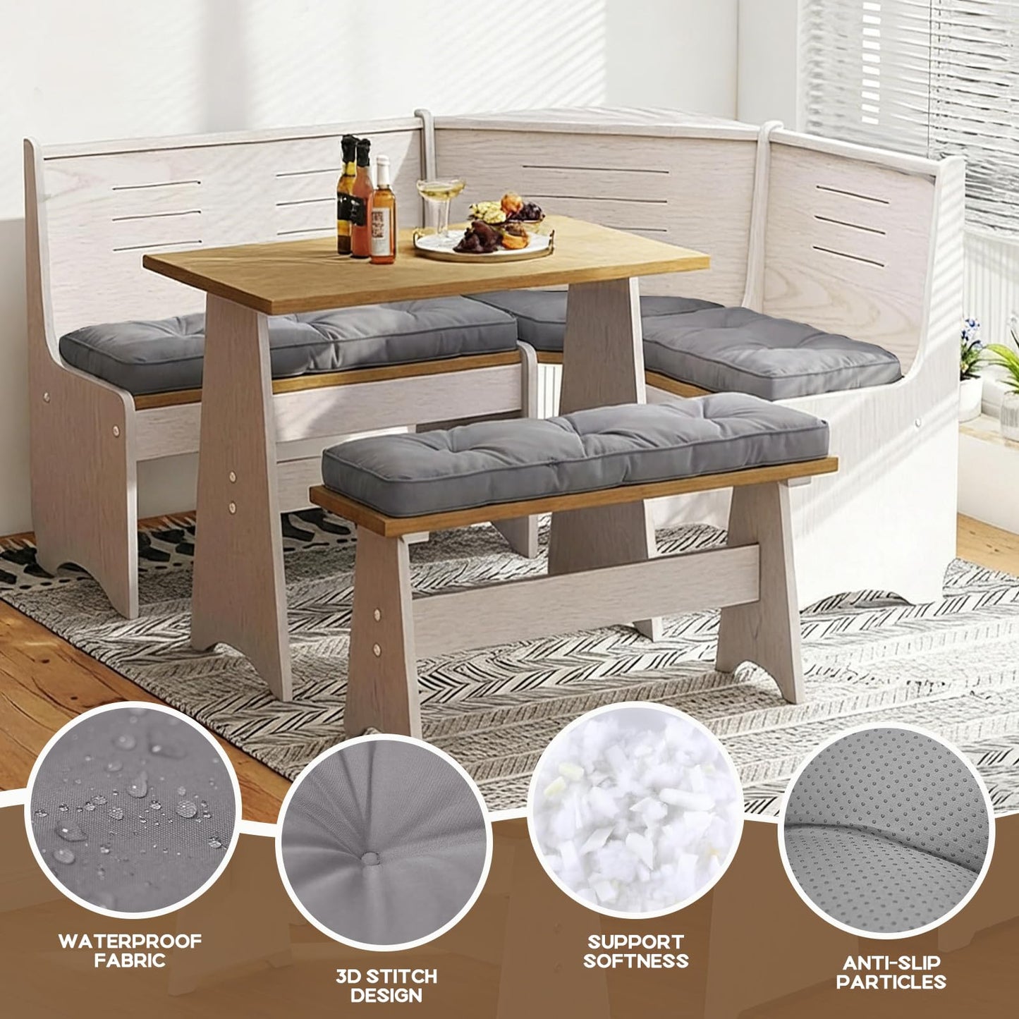 CTLAMK Breakfast Nook Cushions Set of 4, Waterproof Oxford Fabric Kitchen Nooks Cushions, Soft Polyester Filling Cozy Supportive Nooks Cushion, Breakfast Nook Cushion Cozy Dining Area Seating,Grey