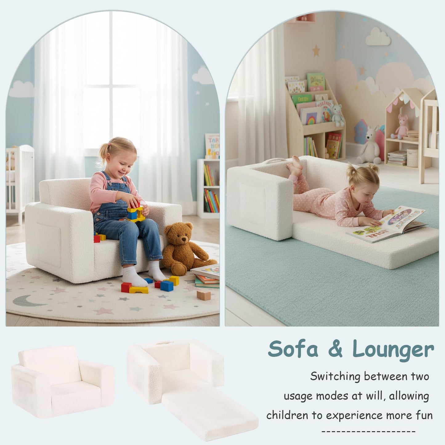 Tiita Kids Sofa, 2-in-1 Toddler Chair, Convertible Children Couch to Lounger, Flip Out Kid Sofas Chair, Toddler Armrest Chairs Bed, Folding Kids Play Sofa for Girl or Boy (Beige)