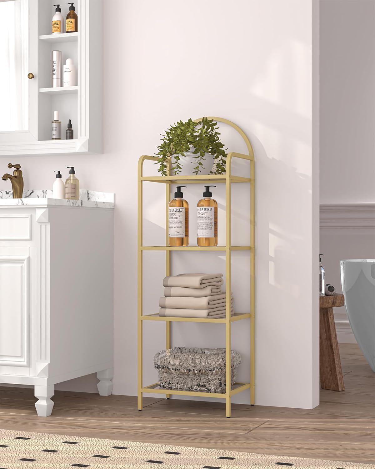 Hzuaneri Bookcase Bookshelf, Tempered Glass Bookshelves, Slim Shelving Unit for Bedroom, Bathroom, Home Office, Steel Frame, 4 Tier Gold BC04001G