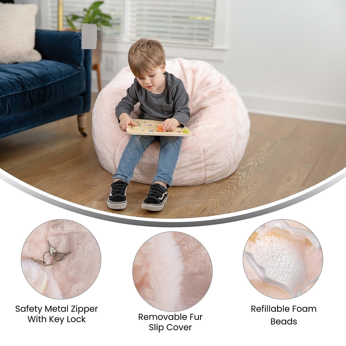 Flash Furniture Dillon Small Blush Furry Bean Bag Chair for Kids and Teens