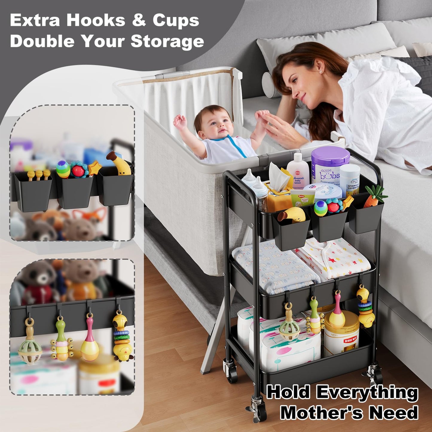 3 Tier Rolling Cart Metal with Wheels, Black Three Tiered Art Cart Organizer on Wheels, Storage Utility Trolley Carts for Kithcen, Craft, Nail, Lash, Makeup, Salon,Bedside, Bathroom, Office, Snack
