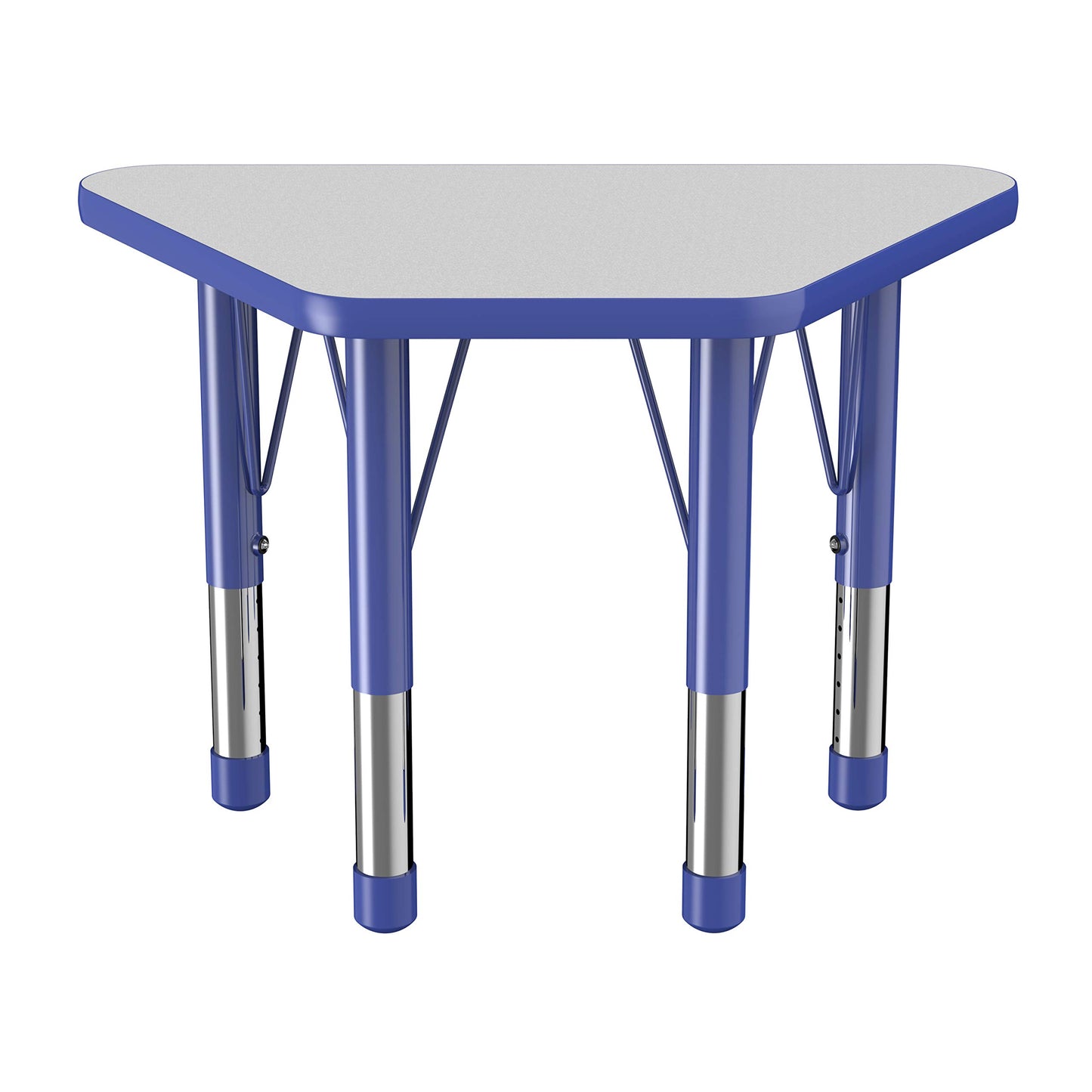 FDP Trapezoid Activity School and Classroom Kids Table (18 x 30 inch), Chunky Toddler Legs for Collaborative Seating Environments, Adjustable Height 15-24 inches - Gray Top and Blue Edge