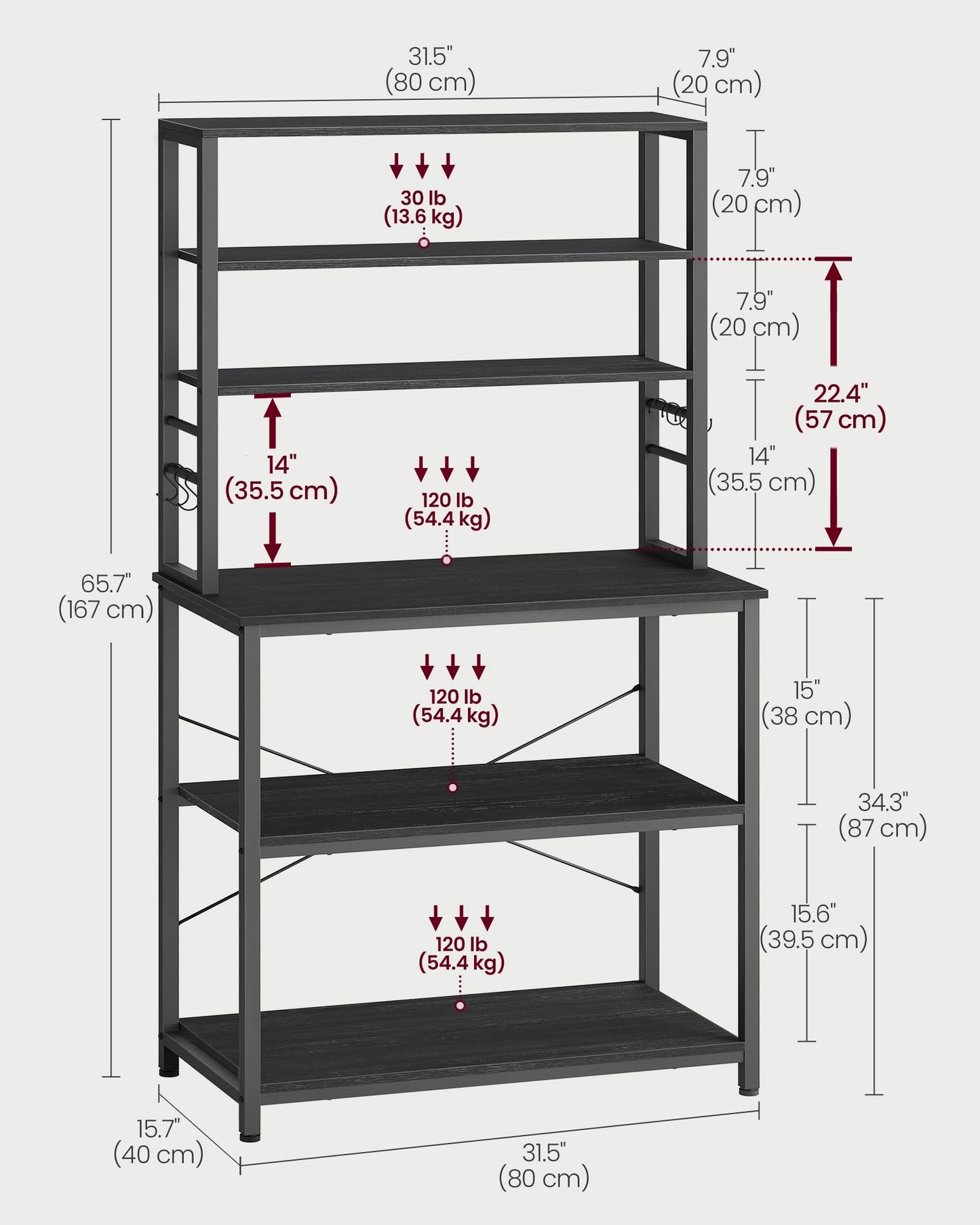 VASAGLE Coffee Bar, 31.5 Inches Baker's Rack for Kitchen with Storage, 6-Tier Kitchen Shelves with 6 Hooks, Microwave Stand, Industrial, Charcoal Gray and Ink Black UKKS019B22