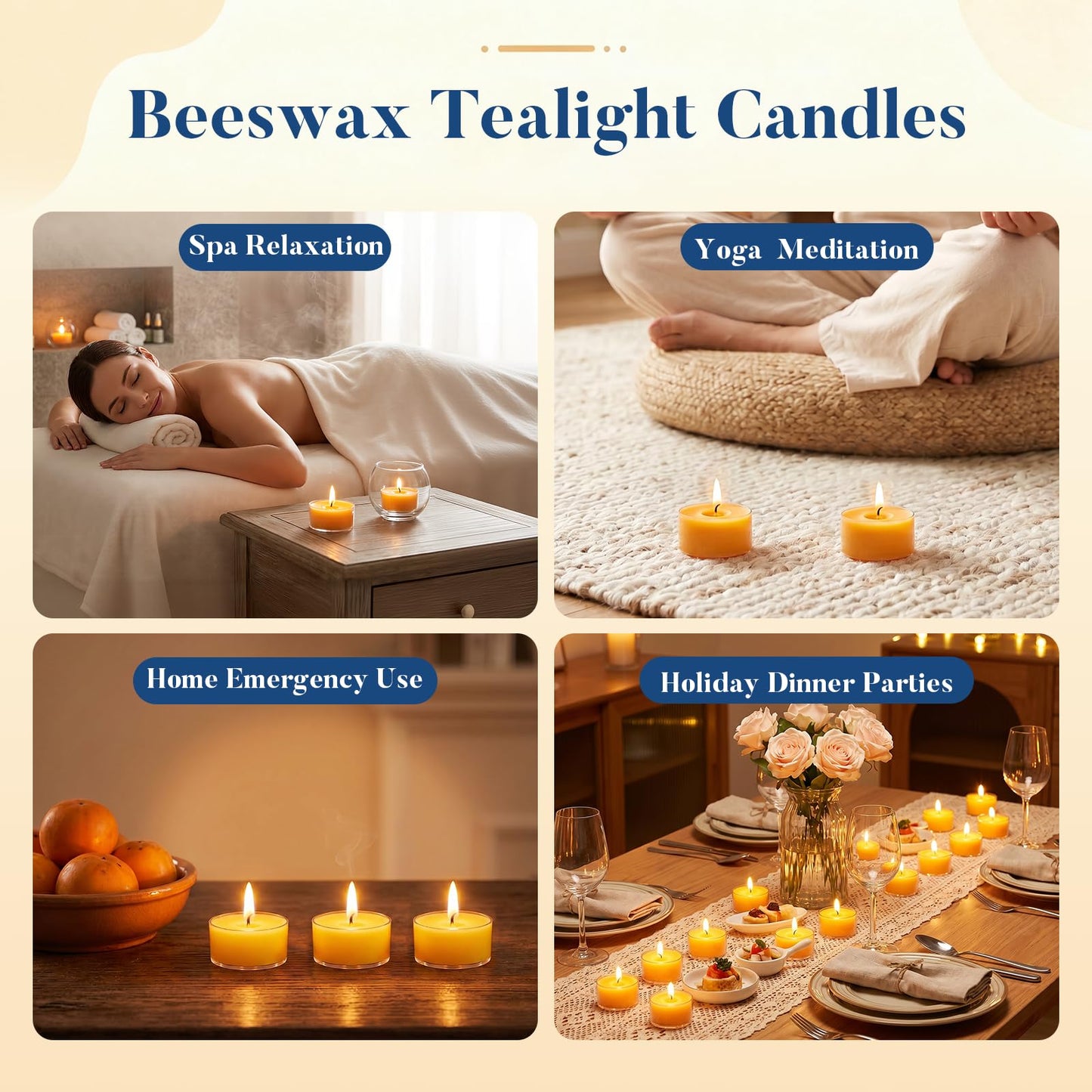 Crenovo Tea Lights Beeswax 36 Pack, 8-Hour 100% Pure Bees Wax Tealight Candles, Smokeless Unscented Votive Cup Candles for Home Spa Meditation Relaxation