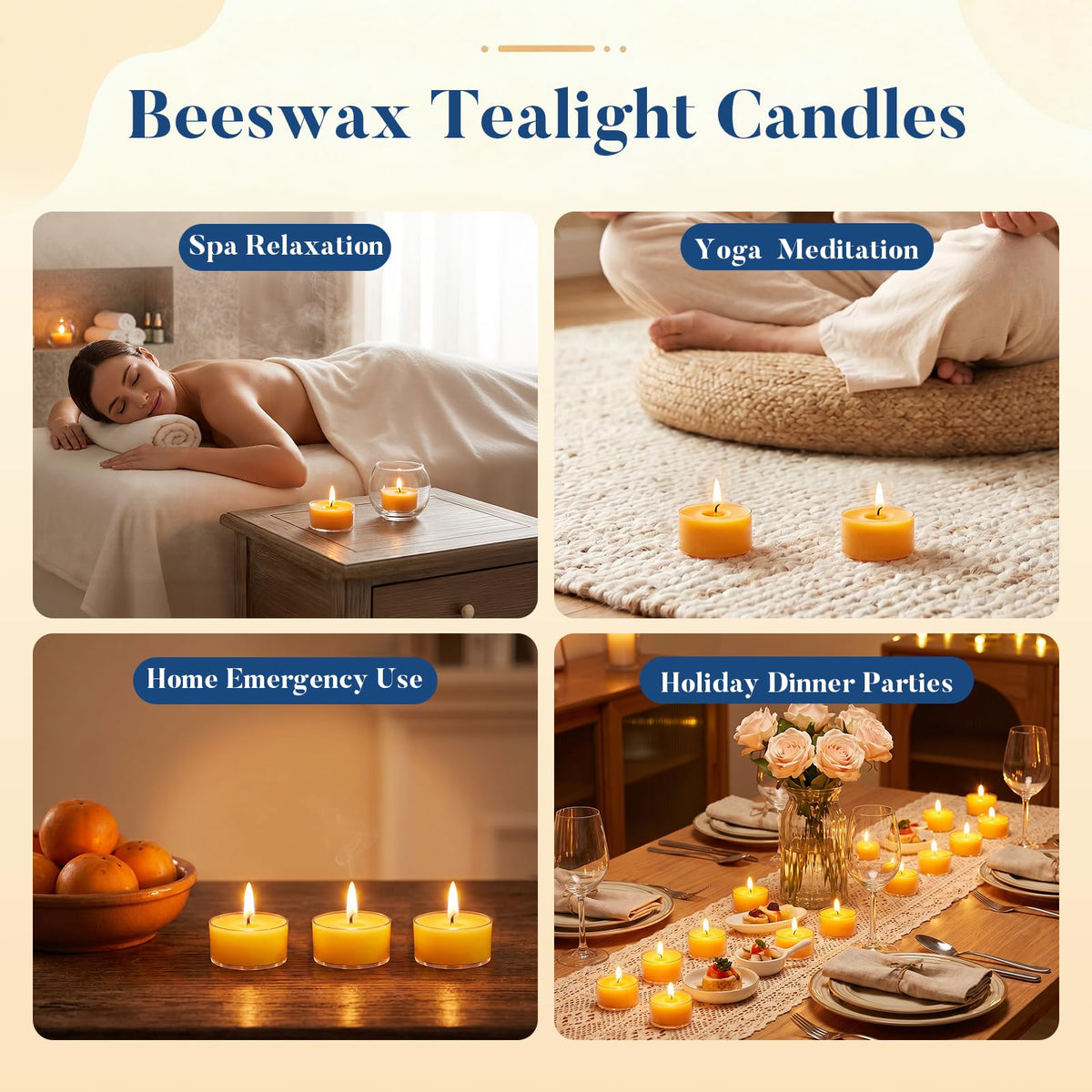 Crenovo 48 Pack Beeswax Tea Lights, 4-Hour Long Burning Tealight Candles, Ideal for Dinners Meditation Home Decor Tea Candles
