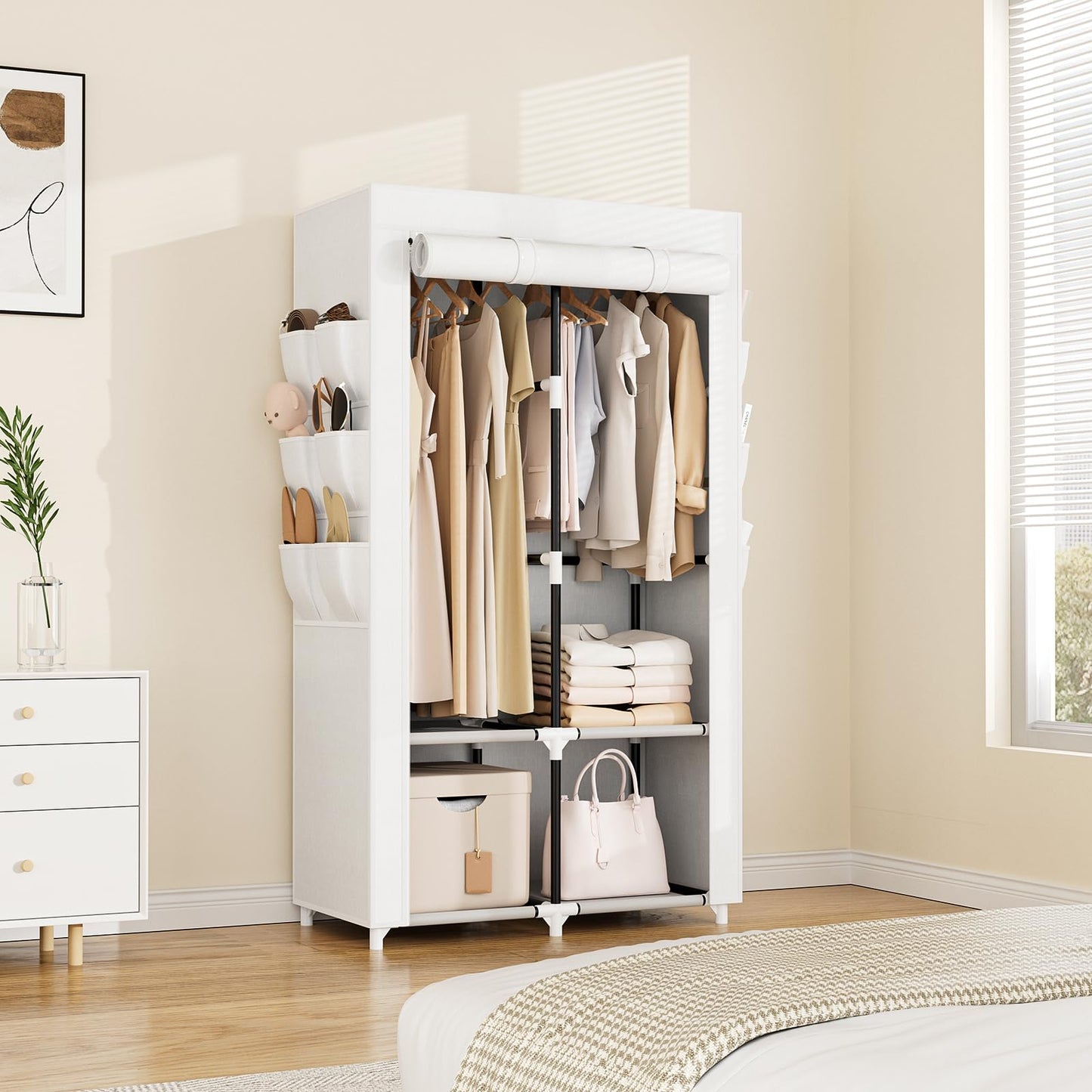 VTRIN Portable Closet Wardrobe Closet for Hanging Clothes with 4 Storage Shelves, 2 Hanging Rods and 6 Pockets, Stable and Easy Assembly Clothes Rack with Cover Free Standing Closet White