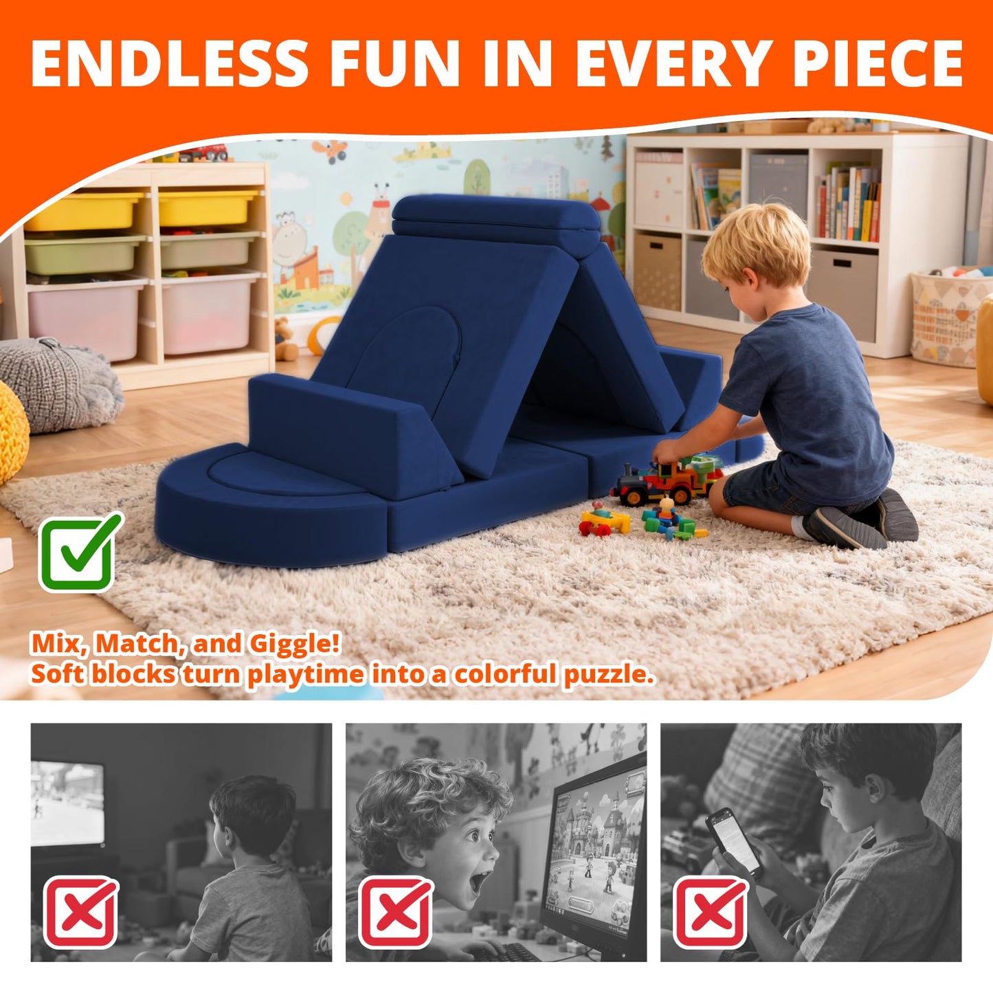 Fvkind Modular Kids Play Couch 16pcs, Kids Toddler Couch Building Fort for Playroom, Bedroom, Toddler Sectional Play Sofa, Convertible Foam Cushion Sofa for Boys and Girls, Blue
