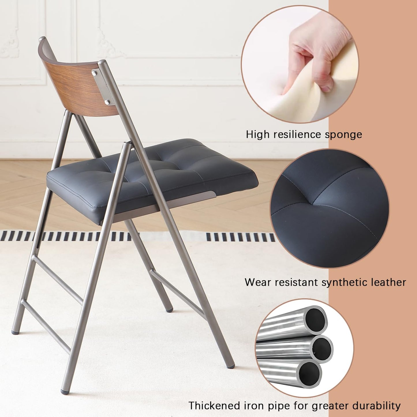 mollveesen 2 Pack Folding Chairs with Thick Padded Seat,Heavy Duty Steel Frame Foldable Dining Chairs with Soft Cushion Set of 2,Portable Indoor Outdoor for Home Kitchen,Office,Events,Wedding(Black)