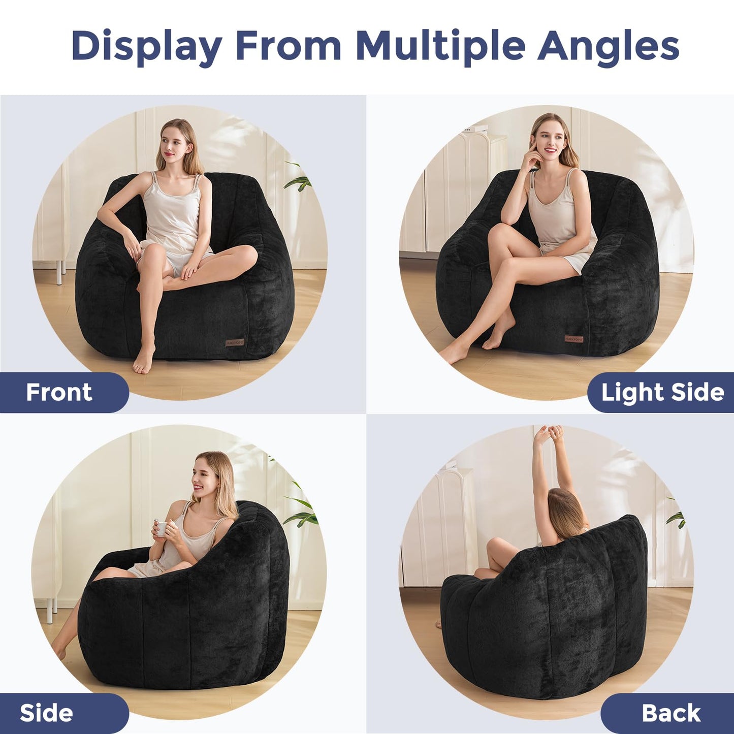MAXYOYO Bean Bag Chair, Comfy Bean Bag Sofa with Back Support, Faux Fur Bean Bag Chair for Adults and Kids, Stuffed Floor Sofa for Living Room, Bedroom, Apartment, Black