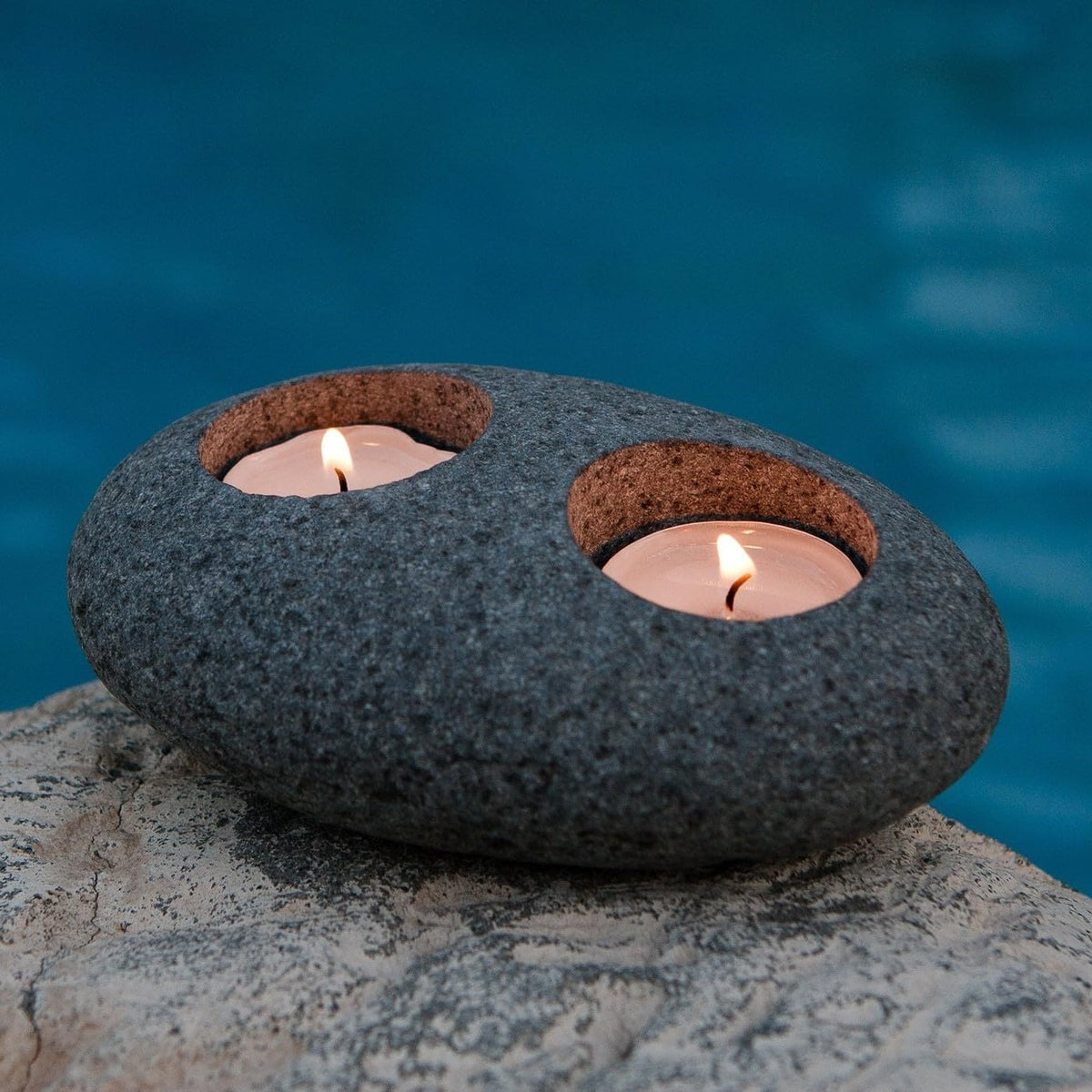Natural Beach Pebble T-Light Holder - Double