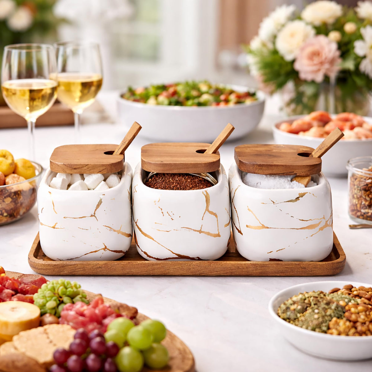 KIDYBELL Ceramic Spice Jars Porcelain Condiment Jars Set Marble Ceramic Seasoning Box 3pcs Condiment Pots for salt, sugar, pepper Kitchen Seasoning Condiment Jar Set