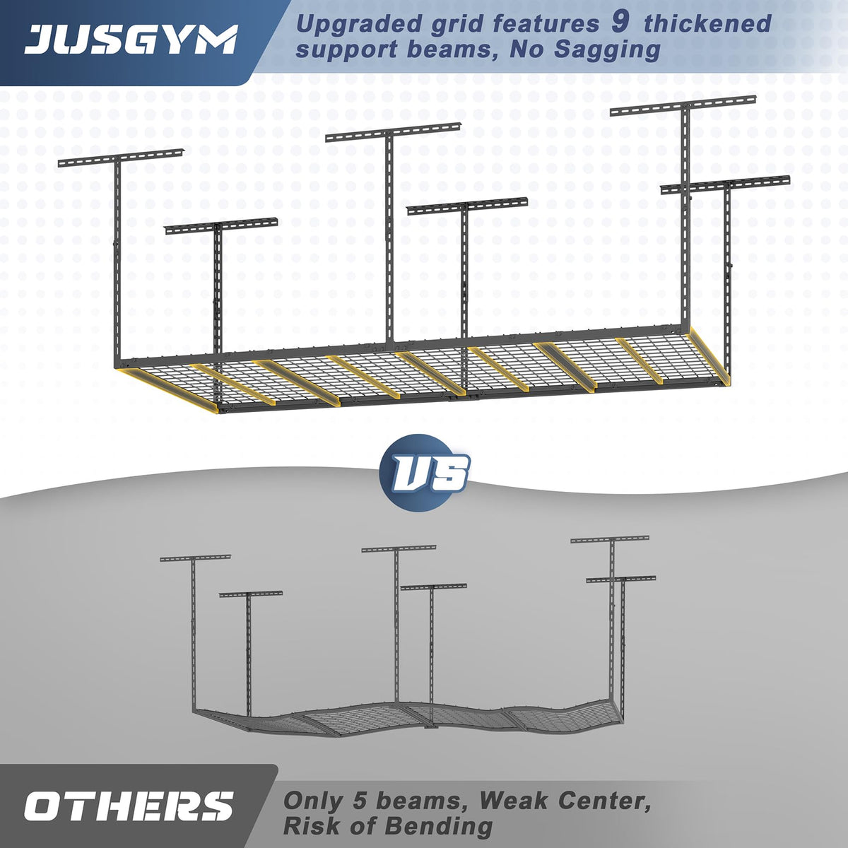 Jusgym 4X8FT Overhead Garage Storage Rack, 26"-40" Height Adjustable Garage Ceiling Storage Racks, Heavy Duty Metal Overhead Storage Organizer System, 750LBS Weight Capacity
