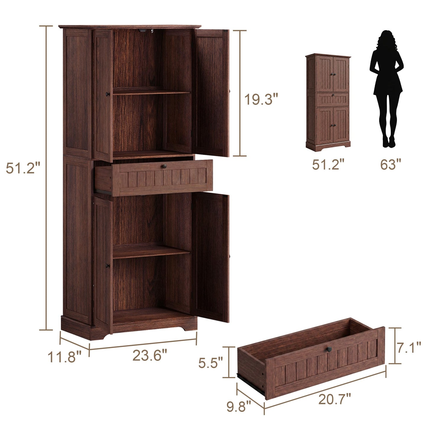 ChooChoo 51" H Tall Bathroom Floor Cabinet, Modern Bathroom Storage Cabinet with Drawer and Adjustable Shelves, Freestanding Kitchen Pantry Cupboard with 4 Doors for Living Room, Walnut