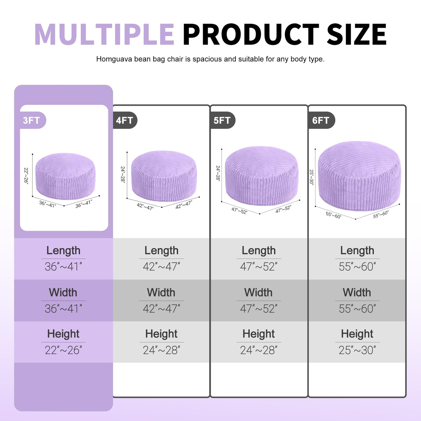 Homguava 3 FT Bean Bag Chair,3' Big Bean Bag,Large Bean Bag Chairs for Adults with Memory Foam Filled,Comfy Beanbag Chairs Soft Bean Bag Sofa with Dutch Corded Plush Cover-Purple