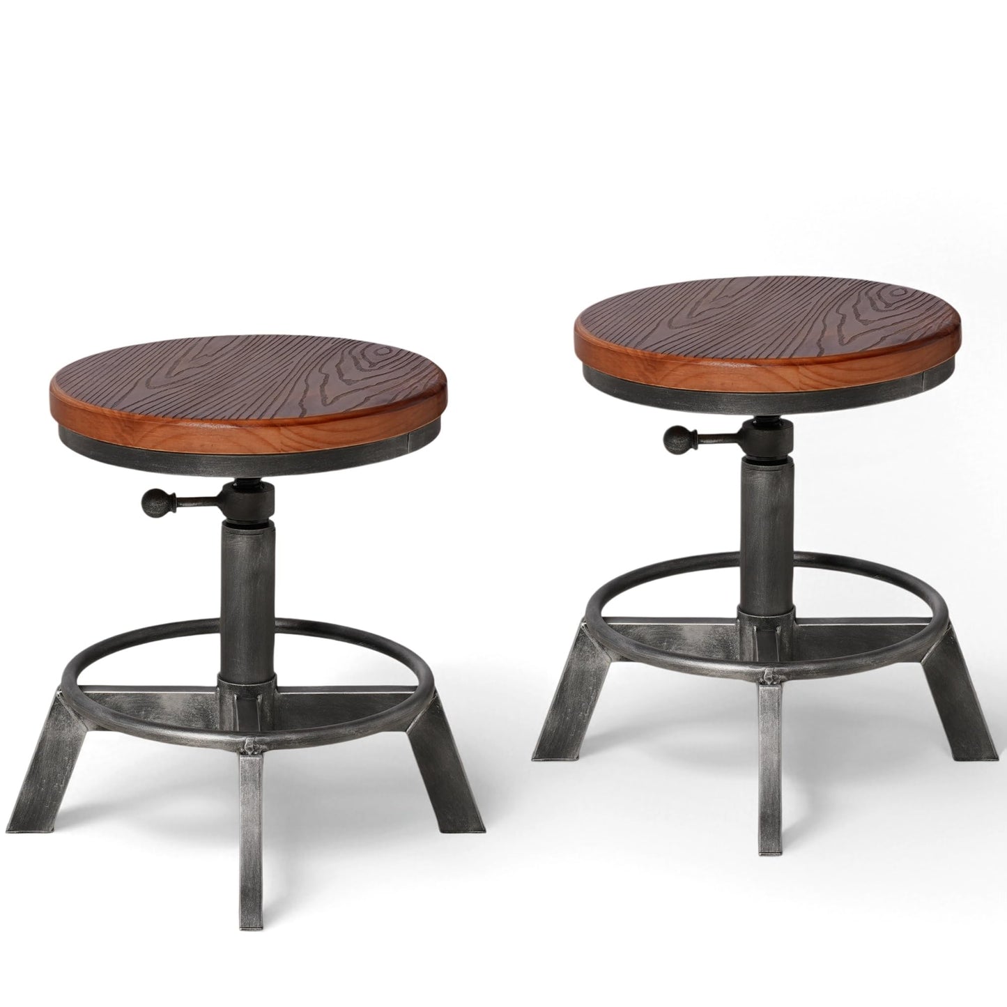 BOKKOLIK Set of 2-Industrial Bar Stool-Counter Height Chairs- Swivel Wooden Seat- Adjustable 15.2-21"