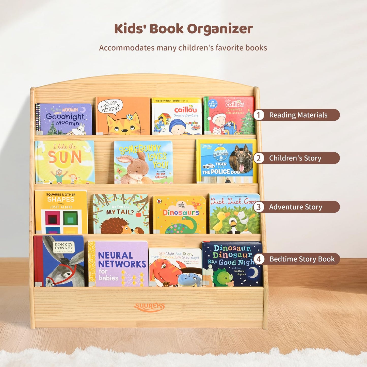 suureks Montessori Bookshelf, 4 Tier Kids Bookshelf – Safe, Sturdy, and Easy to Clean, Premium Wooden Book Shelf for Kids Rooms, Playroom, Classroom, Nursery（31-1/2" D x 11-4/5" W x 31-1/2" H）