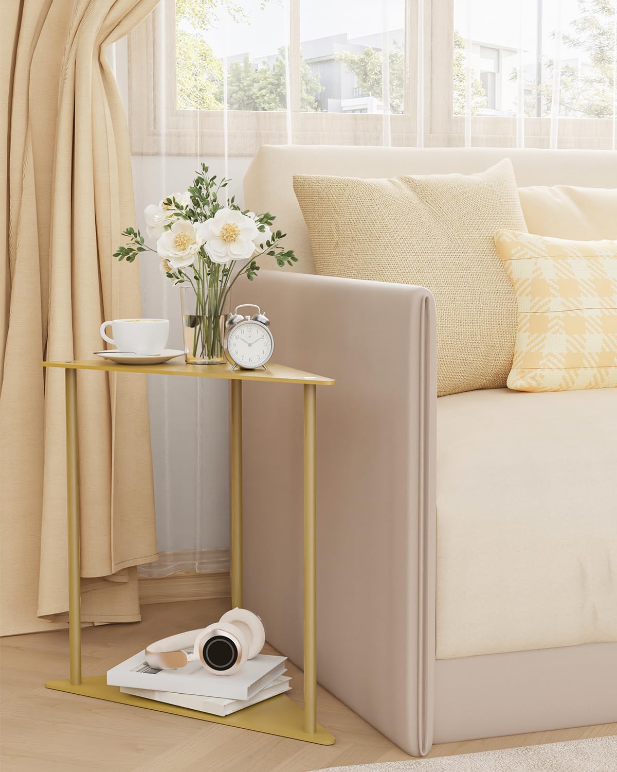 Yawinhe Metal Side Tables Set of 2,Small End Table with Storage Shelves,2-Tier Nightstand Bedside Table for Small Spaces,Modern Triangle Coffee Table for Living Rooms,Bedrooms,Golden,SZJ202J-2