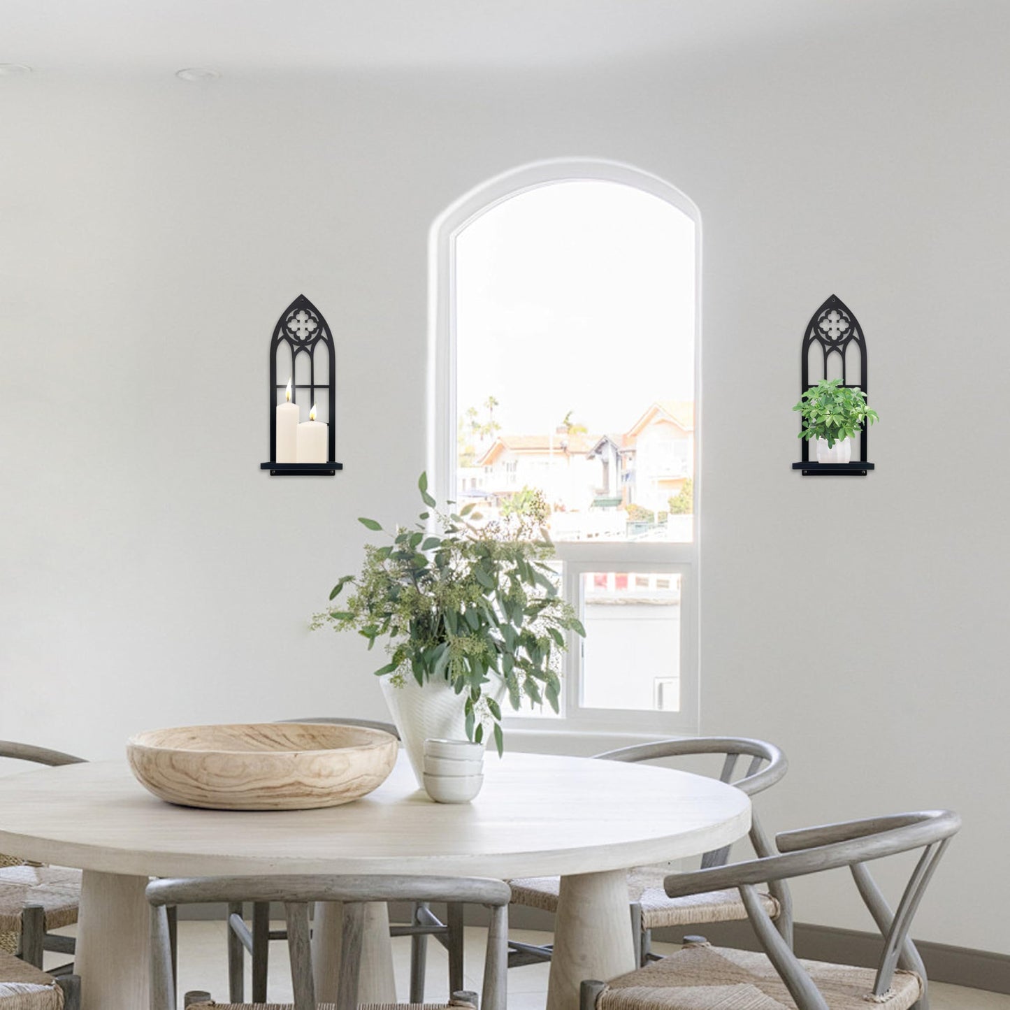 Gothic Wall Sconces Set of Two Candle Holder, Black Metal Gothic Wall Decor, Arched Church Wall Sconces, Rustic Farmhouse Home Wall Art Decor for Living Room, Bathroom, Bedroom, Dining Room(Church)