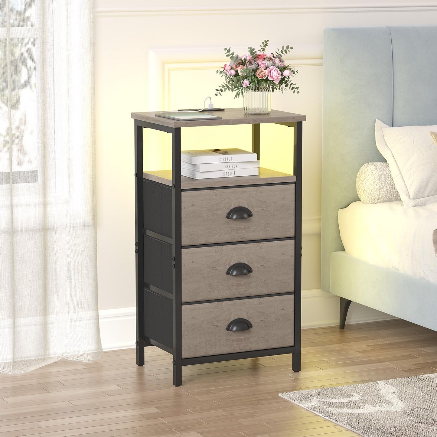 sthmec Nightstand with Charging Station,LED Nightstand with 3 Fabric Drawers, Bedside End Tables, 2-Tier Open Storage Shelf, Side Table Nightstand with Drawers for Bedroom,Grey