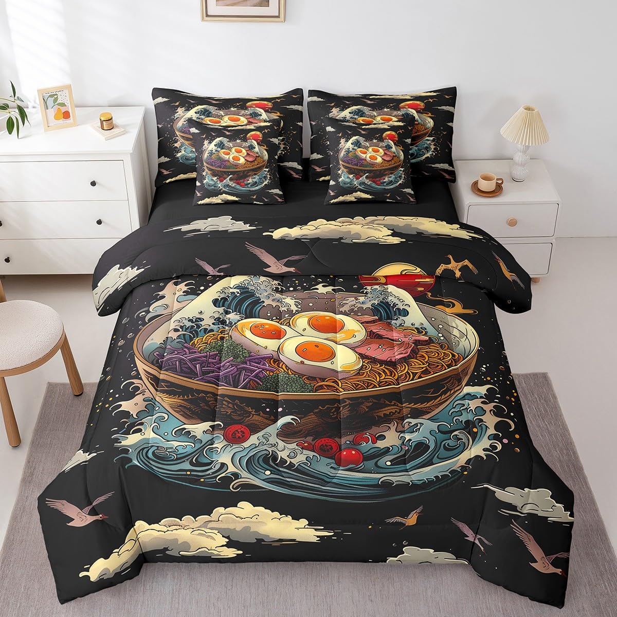 Erosebridal Ramen Noodle Queen Bedding Set,Japanese Ocean Waves Bed Set 7 Piece Funny Food Gifts for Ramen Lovers,Japanese Crane Comforter Set with Fitted+Flat Sheet,Pillowcases,Throw Pillow Covers