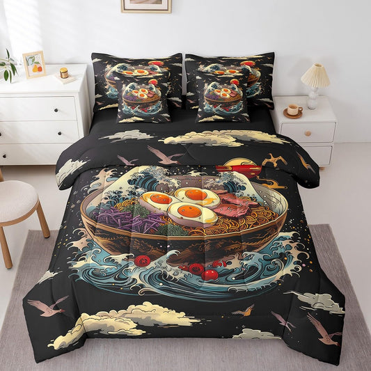 Erosebridal Ramen Noodle Queen Bedding Set,Japanese Ocean Waves Bed Set 7 Piece Funny Food Gifts for Ramen Lovers,Japanese Crane Comforter Set with Fitted+Flat Sheet,Pillowcases,Throw Pillow Covers