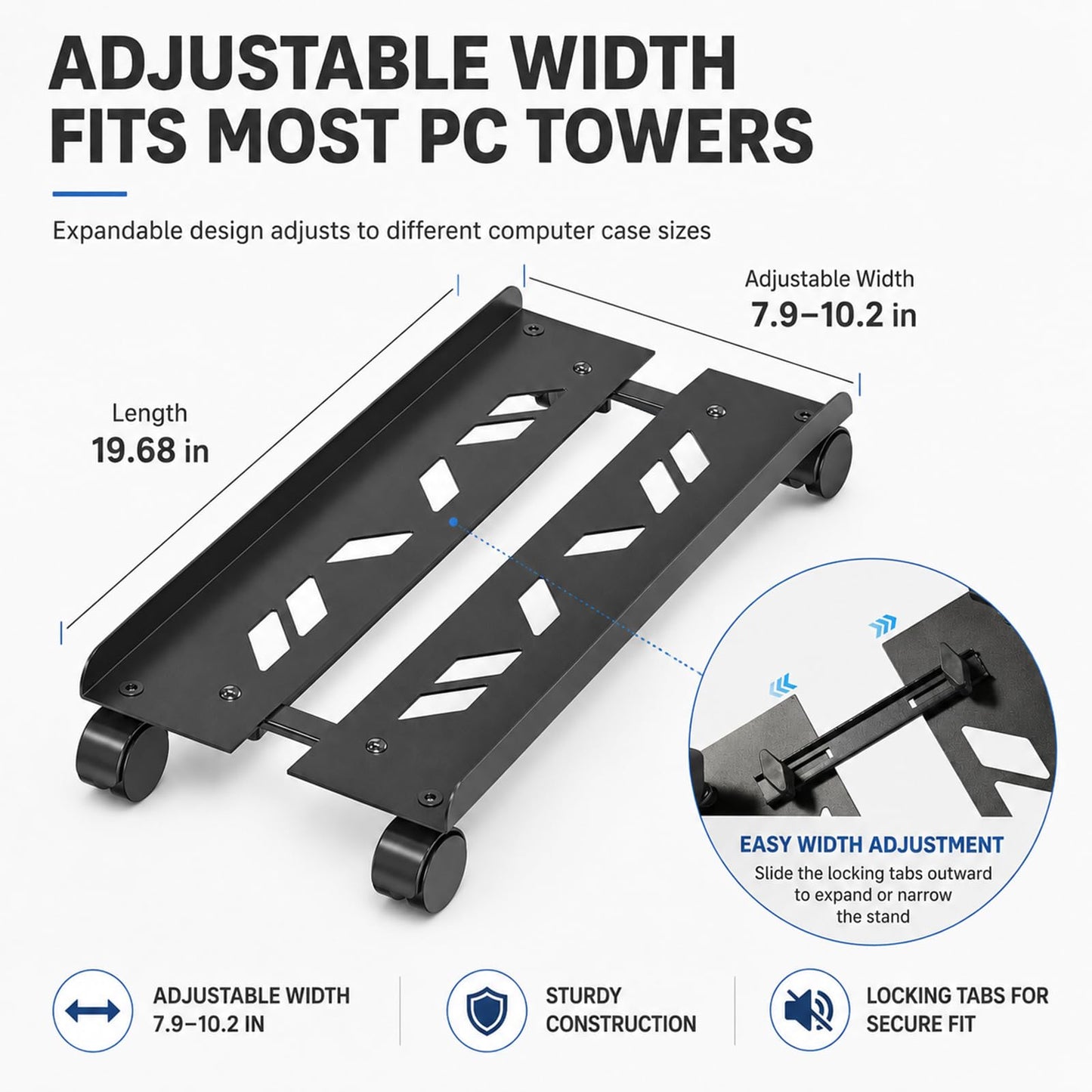 Hovadova Adjustable Computer Tower Stand, Ventilated Mobile CPU Stand Fits Most PC Tower, Steel Desktop CPU Holder with Rolling Caster Wheels, PC Floor Cart Riser for Gaming Office Desk Accessories