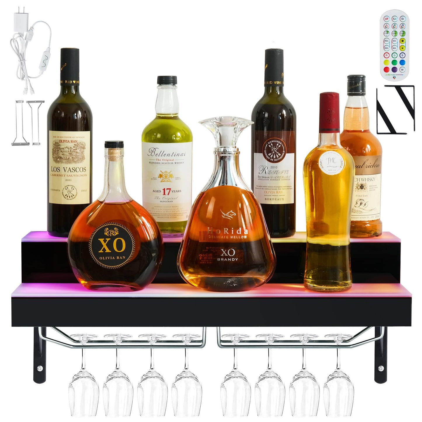 LED Lighted Liquor Bottle Display Shelf Wall Mount Wine Rack, 2 Tiers 24Inch Bar Bottle Display Shelf with Glass Holder Remote and App Control for Home Bar Party Whiskey Coffee Bottles Display
