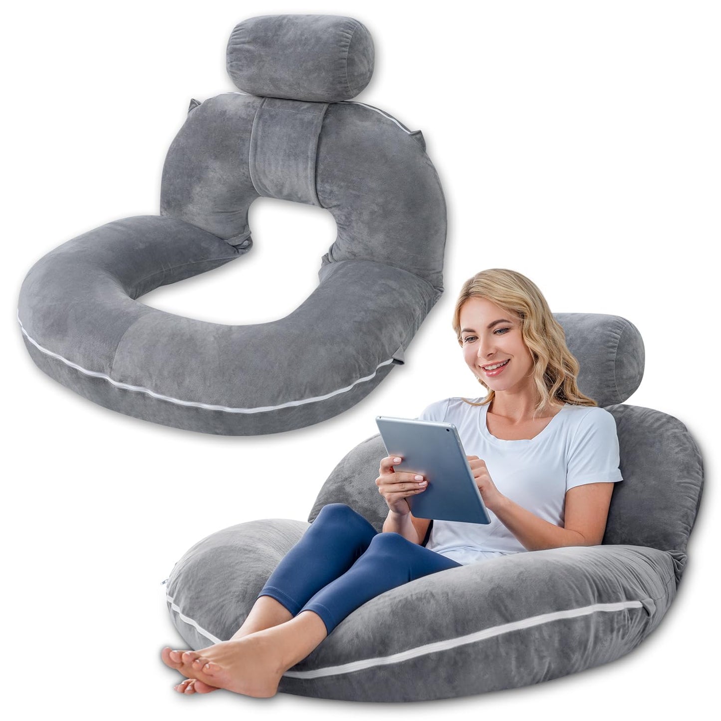 INSEN Reading Pillow, Back Pillow for Sitting in Bed for Reading, Nurse & Relax, Reading Pillow for Adults, Moms & Kids, Sit Up Pillow for Bed (Grey, 51in)
