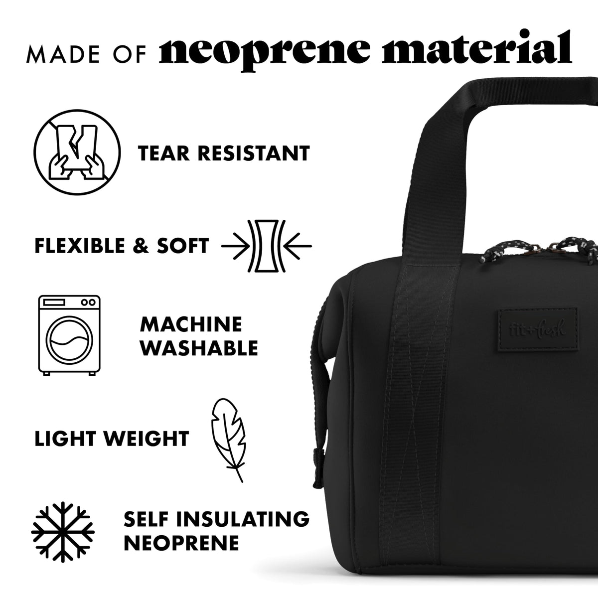 Fit & Fresh Remi Lunch Bag for Women Work – Neoprene Lunch Tote with Containers & Ice Pack, Reusable Meal Prep Lunch Box, Large Capacity, Machine Washable, Black