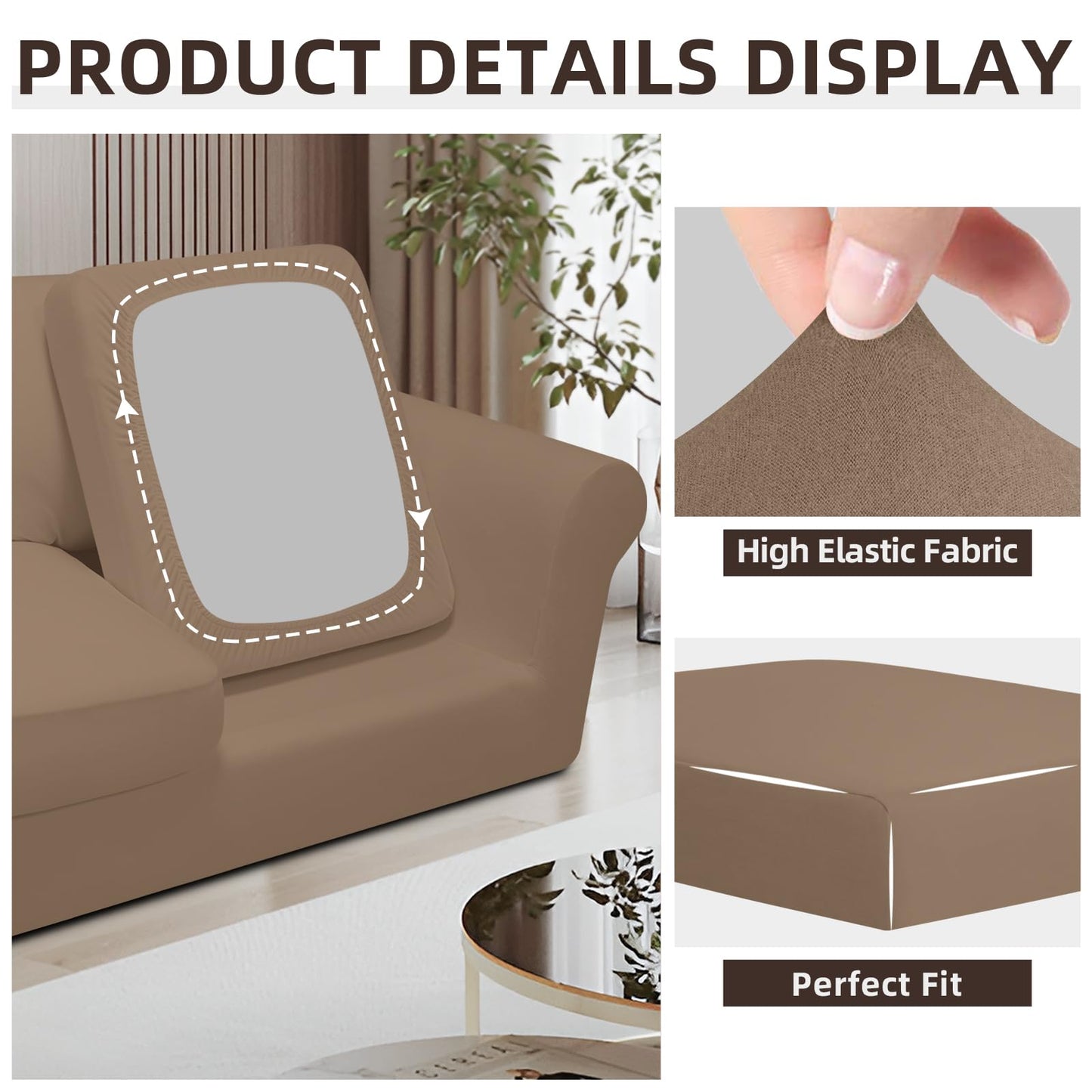 Easy-Going 7 Pieces Stretch Couch Cover Washable Sofa Cover Set for 3 Backrest and Seat Cushion Couch Anti-Slip Sofa Slipcover Furniture Protector with Elastic Bottom (Large, Camel)