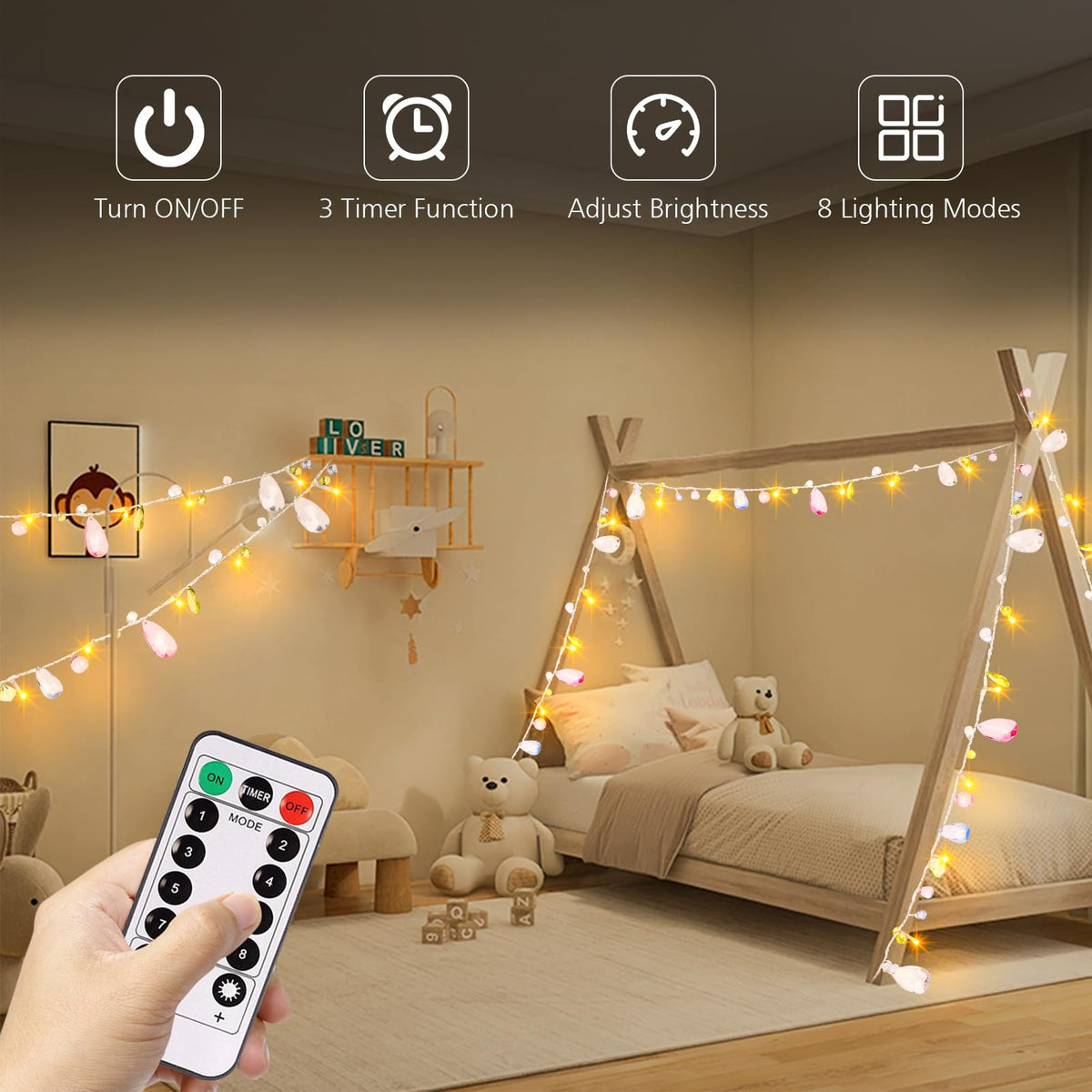 DealBeta Battery Operated Fairy String Lights, Acrylic Gems Jewels String Lights with Remote 8 Modes Timer Function,30 Warm White LED Battery Powered Fairy Lights for Bedroom Party Decor