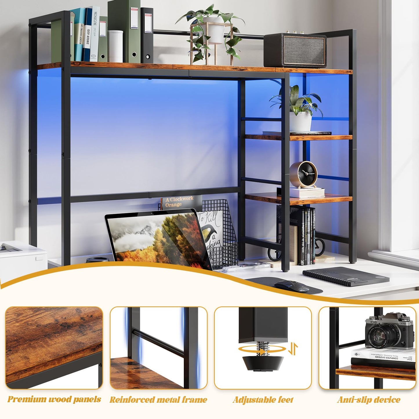 HavenlyYouth Desk Shelf with LED Light Strip, 3-Tier Storage Desktop Organizer Shelf, 38.6" Wood Desktop Bookshelf for Computer Monitor, Desk Hutch for Home Office Dorm, Rustic