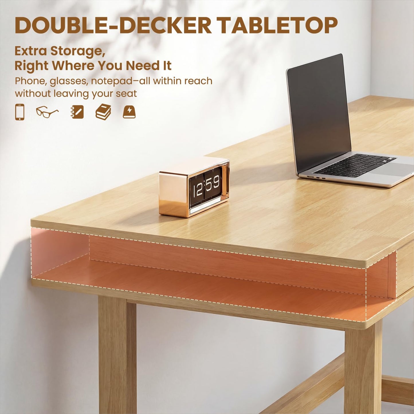 ELEVAQ Double-Top Solid Wood Desk - 48-Inch Mid-Century Modern Writing Table with Drawers for Home Office, Study, and Creation, Rubberwood Computer Desk in Honey Oak