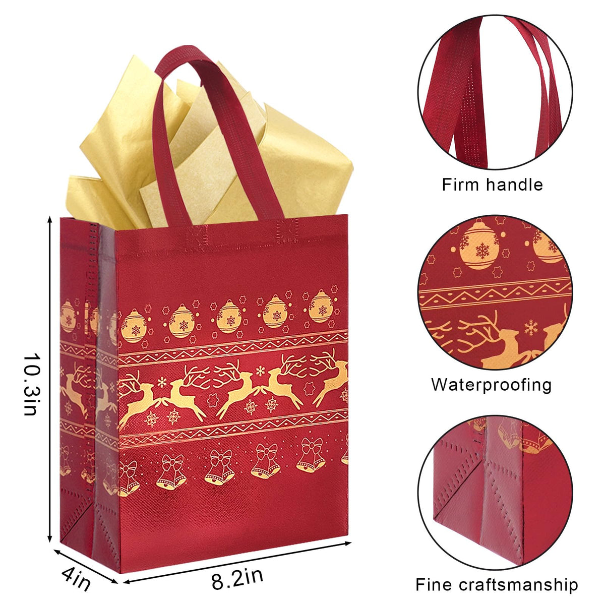 18Pack Christmas Gift Bags Medium Size with Tissue Paper - Reusable Non-Woven Tote Bags with Handles - Perfect for Gift Wrap/Party Favor Supplies - 10.2" x 8.3" x 4"