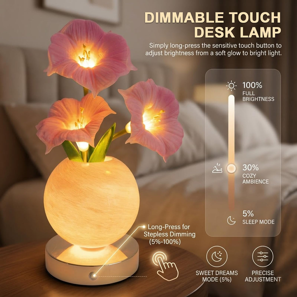 Strackvial Flower Table Lamp, Rechargeable Cordless Touch Dimming Artificial Morning Glory Flower Desk Lamp, LED Flower Bedside Night Light Romantic Gifts for Girl Women Mom (Pink Morning Glory)