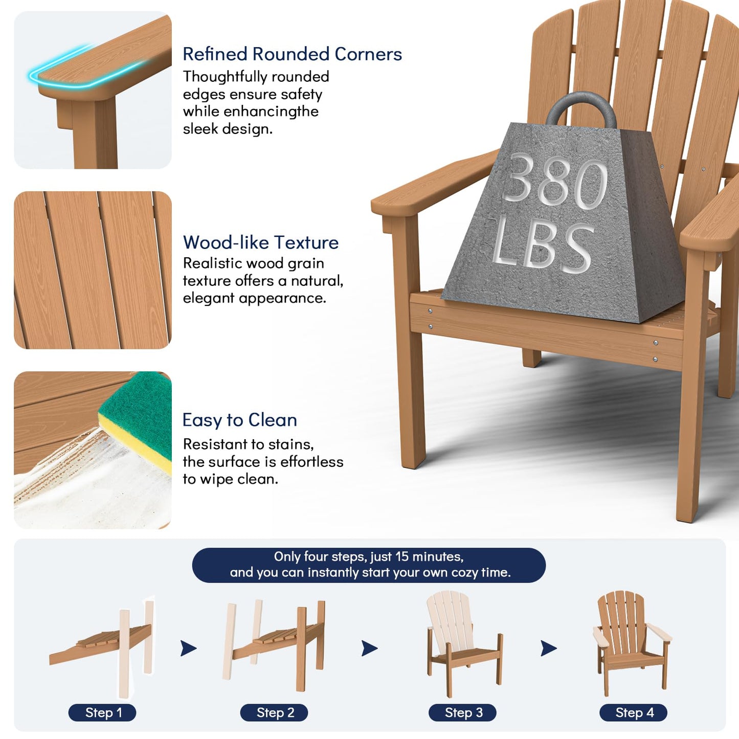 nevilywood Compact Stackable Adirondack Chairs,All Weather HDPE,380lb,Teak